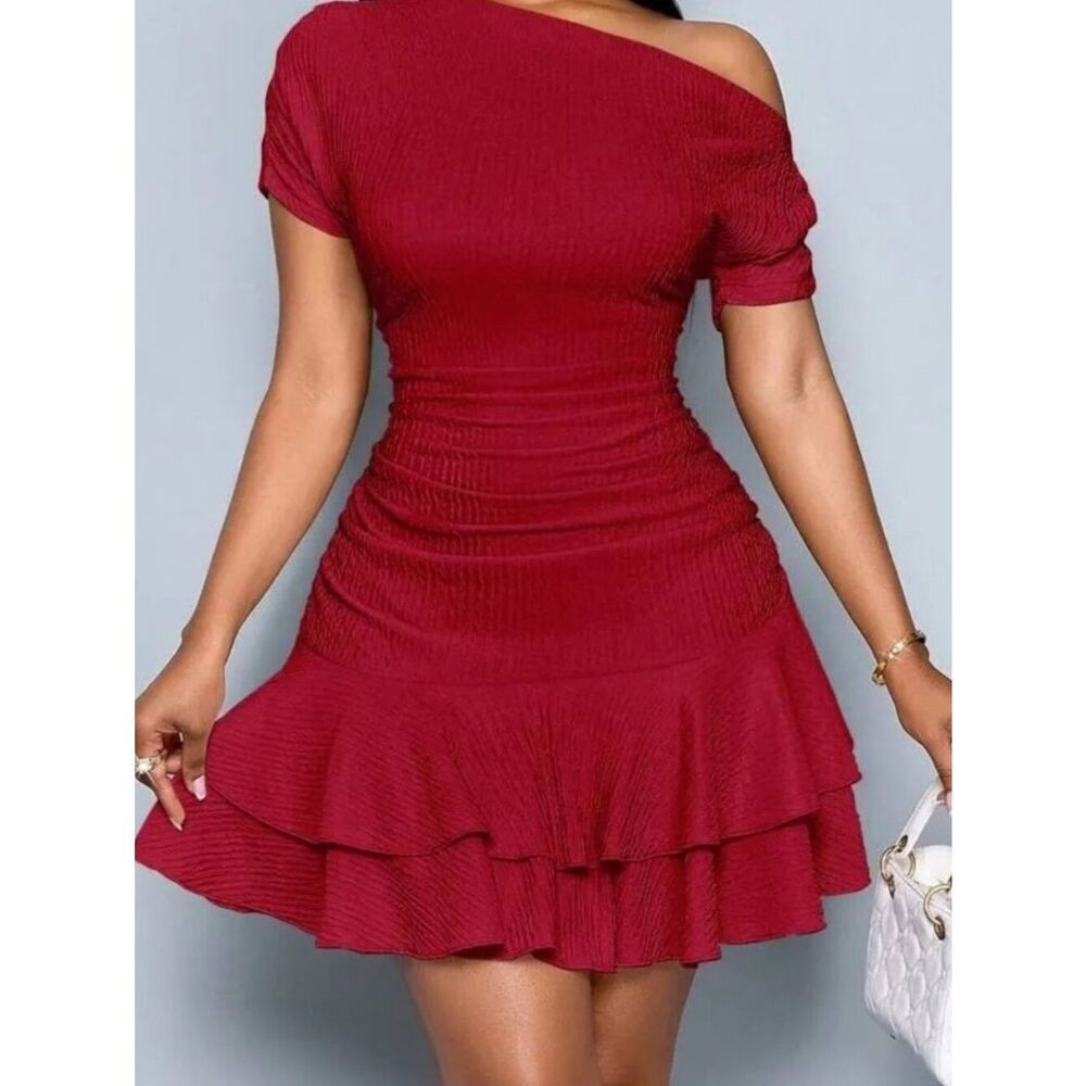 Off-Shoulder Textured Bodycon Ruched Ruffle Hem Dress in Deep Red - Picture 3 of 7